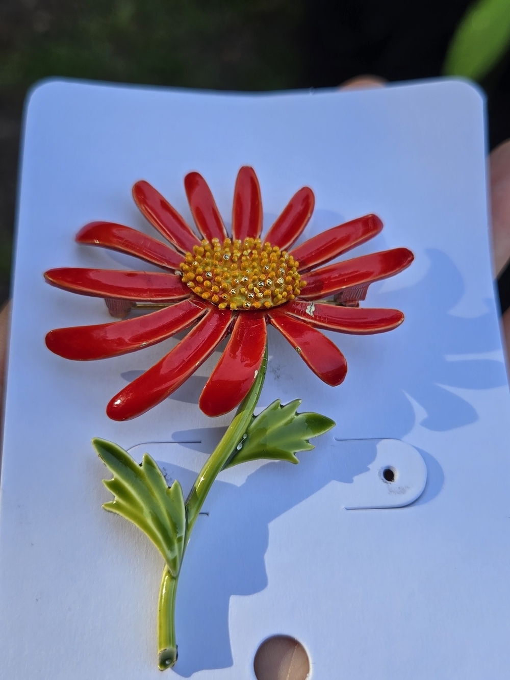 Coro Red Enamel Daisy Flower Brooch with Yellow Center Green Leaves